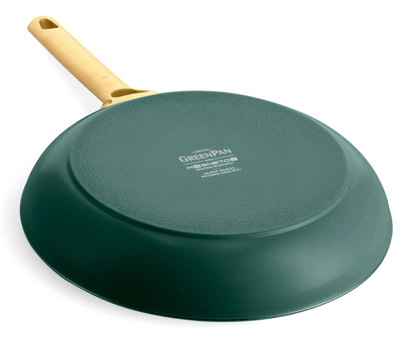 Grüne Pfanne mit gelbem Griff, Ansicht von unten