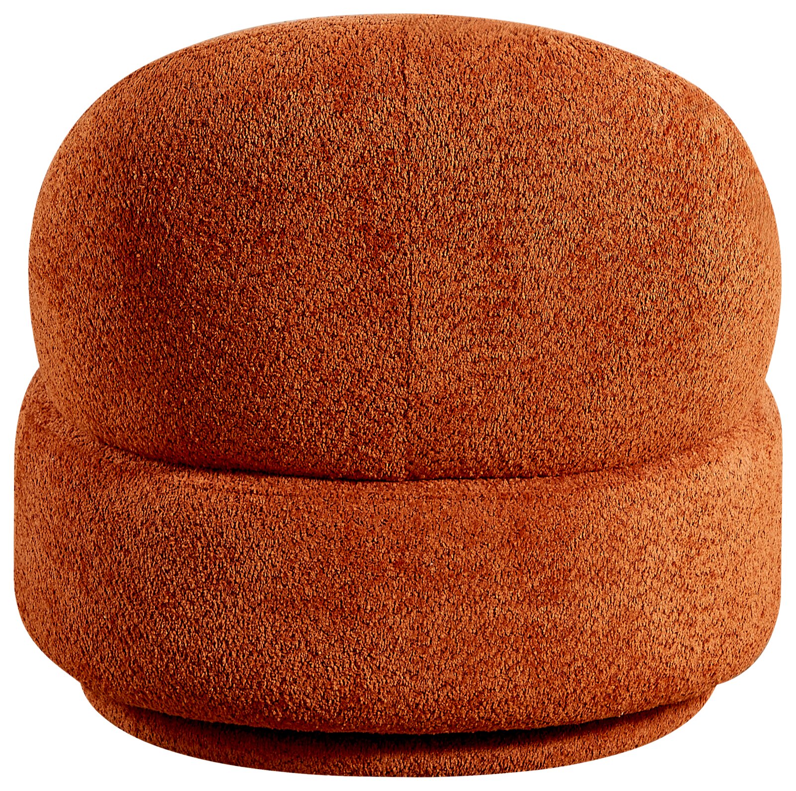 Roter, runder Sessel aus Stoff, frontal fotografiert.