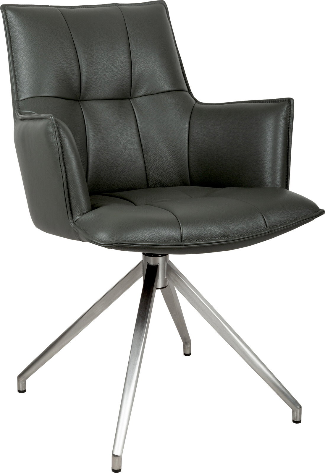 Gepolsterter Drehstuhl in Dunkelgrau mit Armlehnen, gesteppter Rückenlehne und vierbeinigem Metallgestell, freigestellt auf weißem Hintergrund, Ansicht schräg von vorne