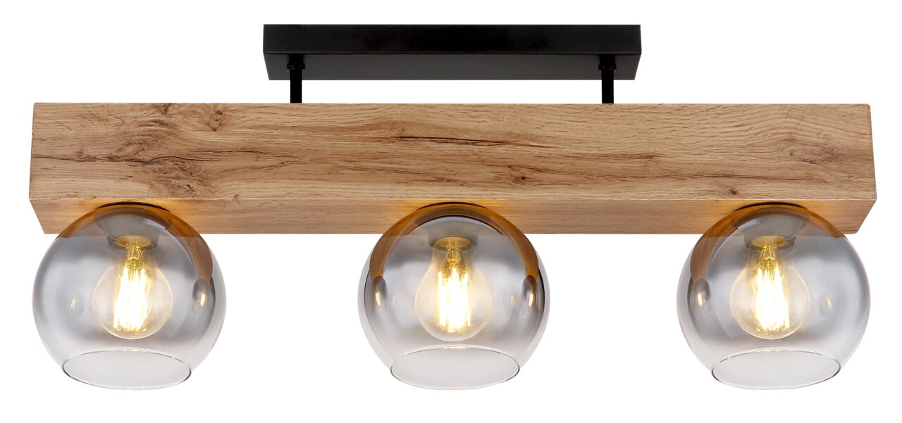 Deckenleuchte mit drei Glühbirnen in rauchgrauen Glaskugeln, montiert auf einem rechteckigen Holzbalken, seitliche Perspektive