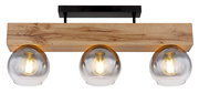 Deckenleuchte mit drei Glühbirnen in rauchgrauen Glaskugeln, montiert auf einem rechteckigen Holzbalken, seitliche Perspektive