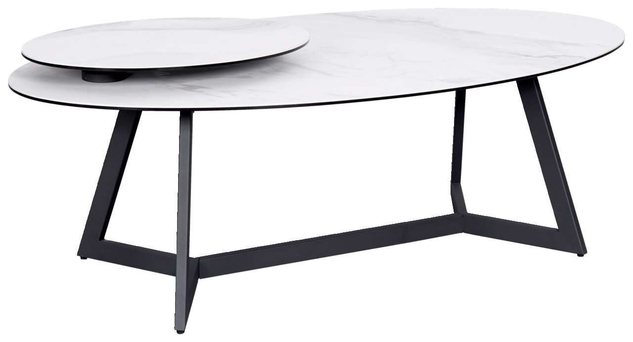 Moderner Couchtisch mit ovaler, weißer Marmoroptik-Tischplatte und schwarzem Metallgestell, seitliche Perspektive