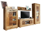 Wandkombination aus Holz mit Schränken, Regalen und TV-Element, frontal betrachtet.