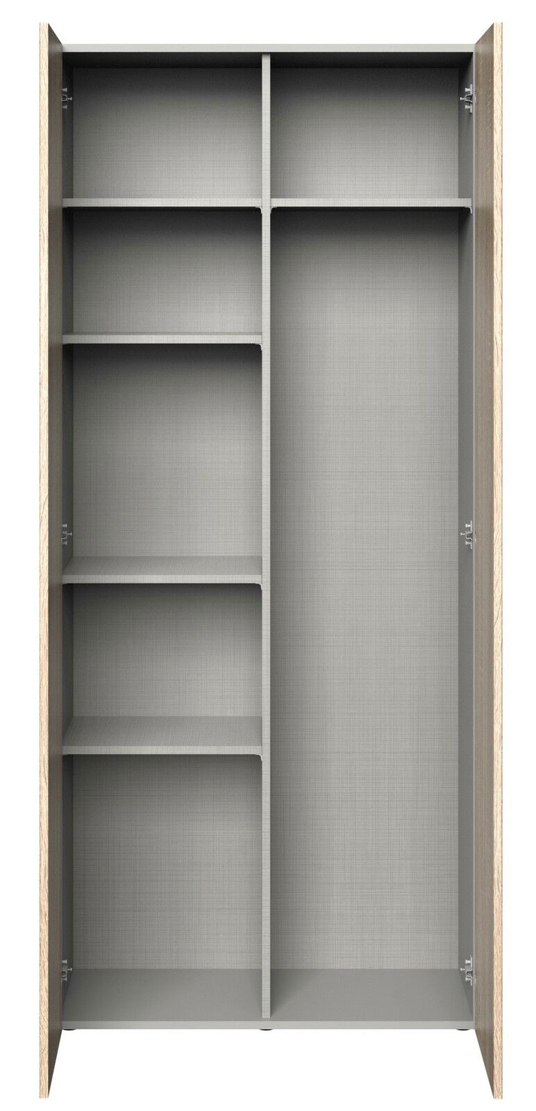 XORA Besen-/Mehrzweckschrank MULTIRAUMKONZEPT Frontansicht eines offenen Besen- und Mehrzweckschranks mit mehreren Regalböden und einem großen Fach für Besen.