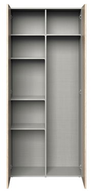 Frontansicht eines offenen Besen- und Mehrzweckschranks mit mehreren Regalböden und einem großen Fach für Besen.