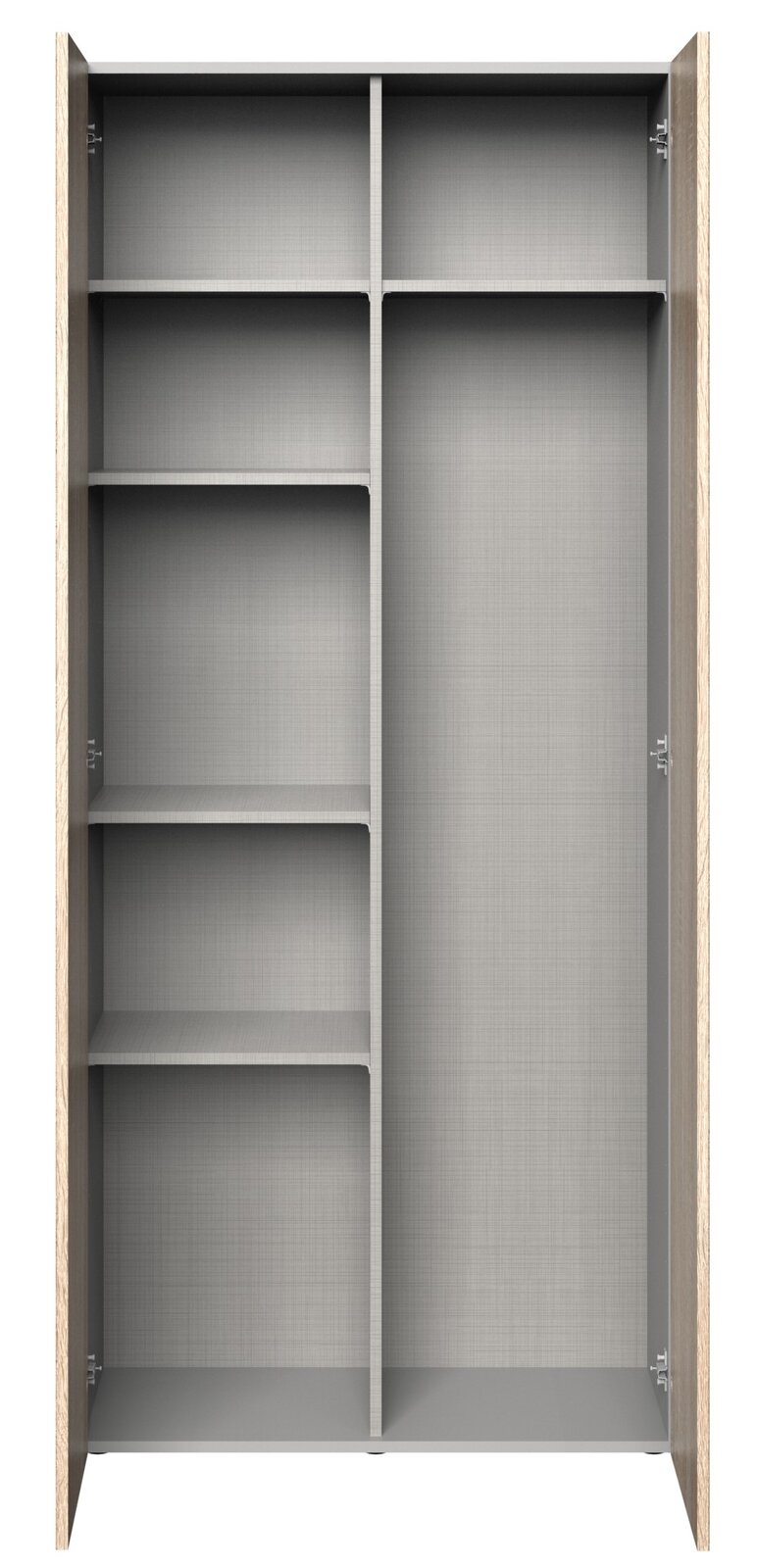 XORA Besen-/Mehrzweckschrank MULTIRAUMKONZEPT Frontansicht eines offenen Besen- und Mehrzweckschranks mit mehreren Regalböden und einem großen Fach für Besen.