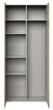 Frontansicht eines offenen Besen- und Mehrzweckschranks mit mehreren Regalböden und einem großen Fach für Besen.