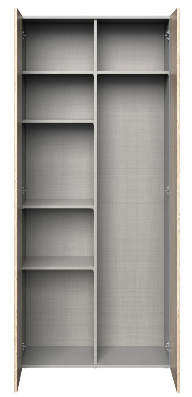 Frontansicht eines offenen Besen- und Mehrzweckschranks mit mehreren Regalböden und einem großen Fach für Besen.