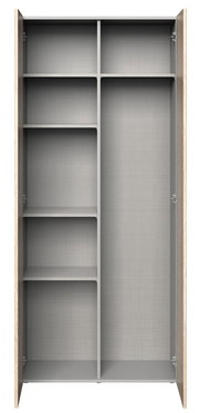 Frontansicht eines offenen Besen- und Mehrzweckschranks mit mehreren Regalböden und einem großen Fach für Besen.