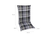 Sesselauflage mit grauem Karomuster, seitliche Perspektive, Maße: 72 cm Höhe, 48 cm Sitzfläche, 50 cm Breite, 9 cm Dicke