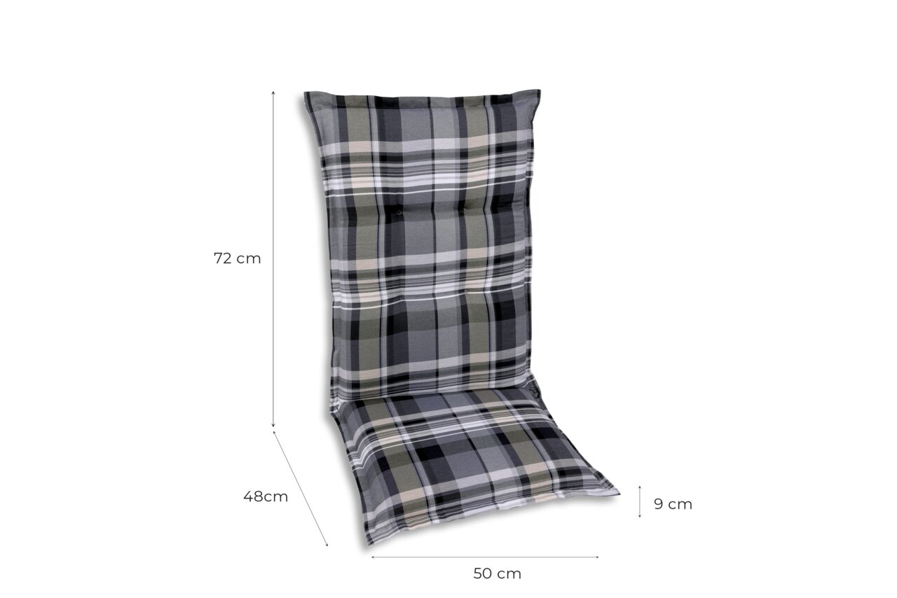 Stoelbekleding met grijs ruitjespatroon, zijaanzicht, afmetingen: 72 cm hoog, 48 cm zithoogte, 50 cm breed, 9 cm dik