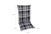 Stoelbekleding met grijs ruitjespatroon, zijaanzicht, afmetingen: 72 cm hoog, 48 cm zithoogte, 50 cm breed, 9 cm dik