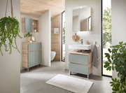 Moderner Badezimmer-Unterschrank mit Abdeckplatte in Holzoptik und grauen Fronten, seitliche Perspektive