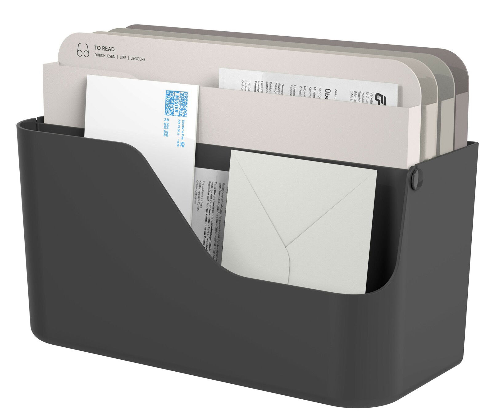 rotho Dokumentenorganizer Inbox MY PAPER Schwarzer Dokumentenorganizer mit mehreren Fächern, gefüllt mit Briefen und Dokumenten, seitliche Perspektive