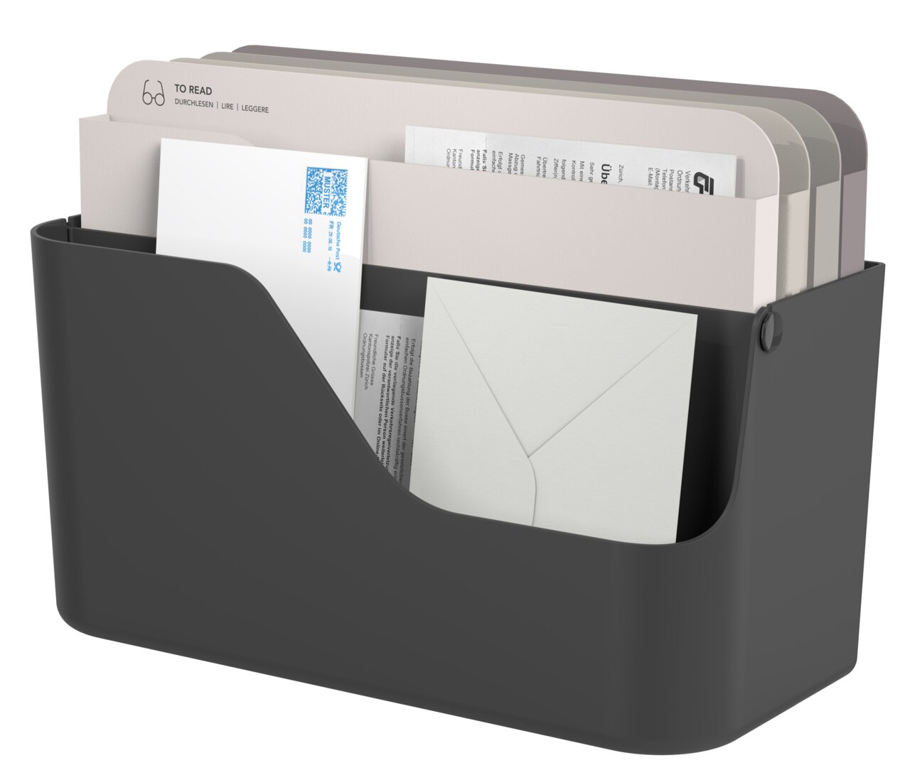 rotho Dokumentenorganizer Inbox MY PAPER Schwarzer Dokumentenorganizer mit mehreren Fächern, gefüllt mit Briefen und Dokumenten, seitliche Perspektive