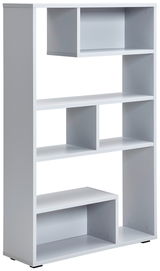 Moderner weißer Raumteiler mit mehreren offenen Fächern, seitliche Perspektive.