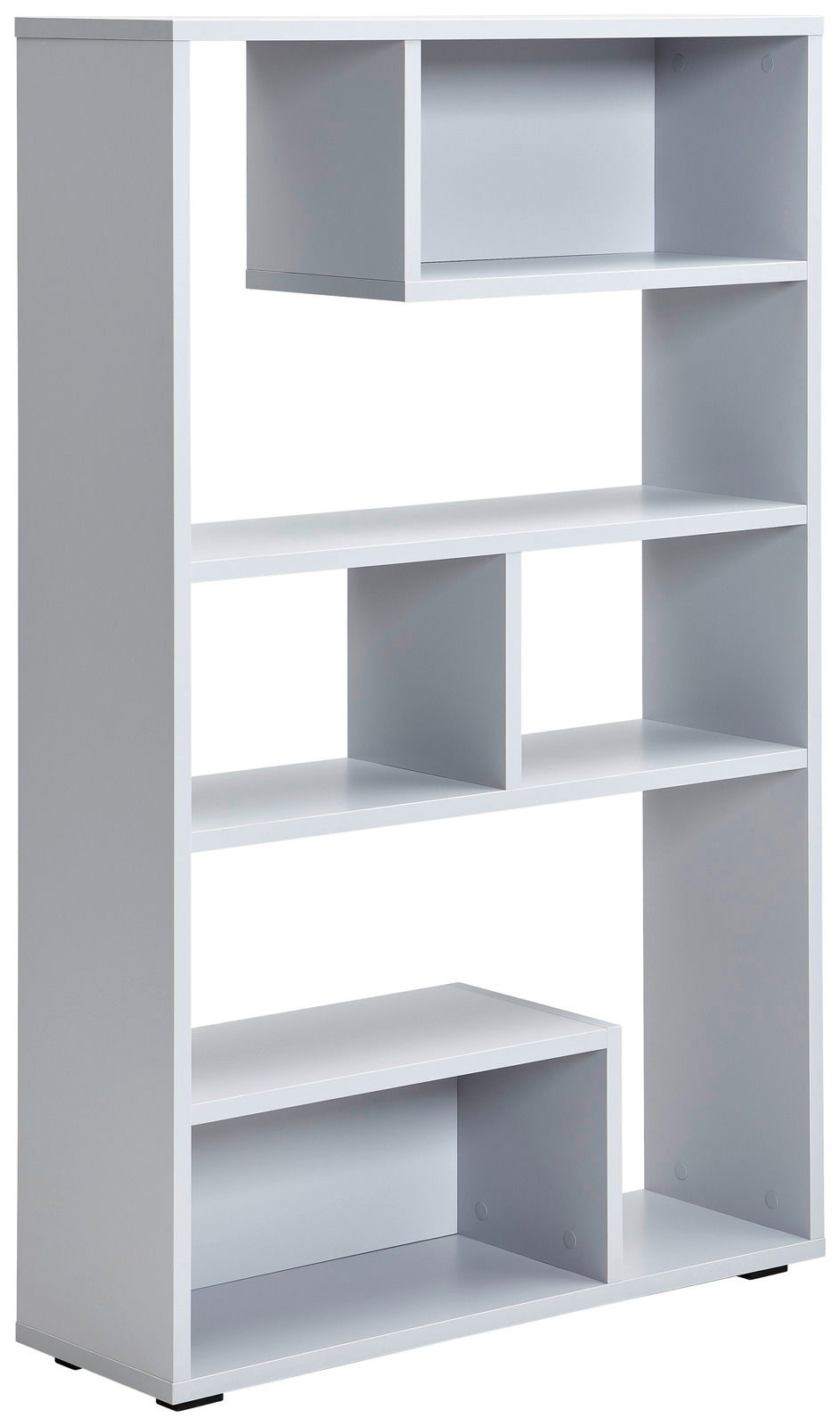 Moderner weißer Raumteiler mit mehreren offenen Fächern, seitliche Perspektive.