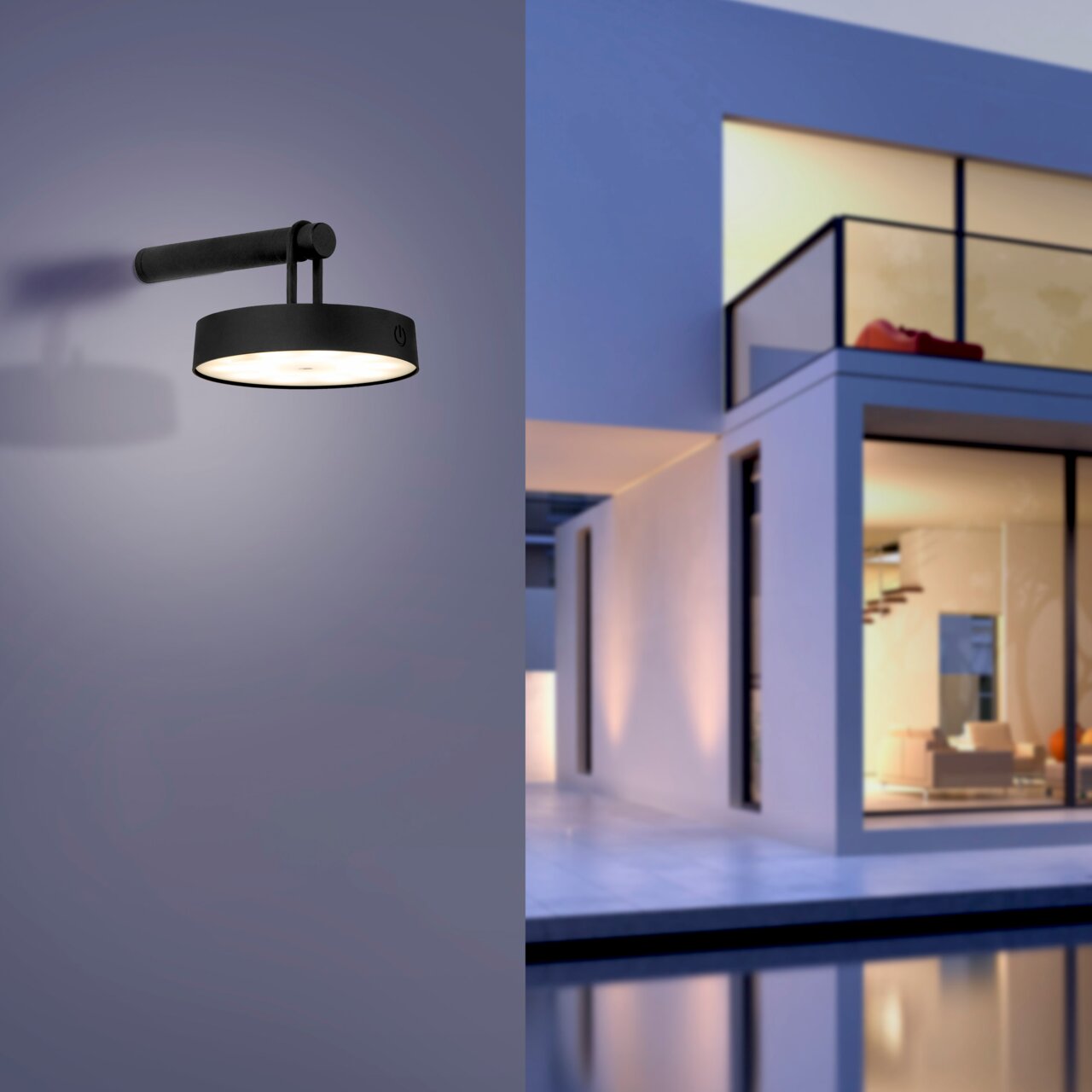 Moderne wandlamp ARMA in zwart, zijaanzicht, gemonteerd aan een buitenmuur van een moderne woning.