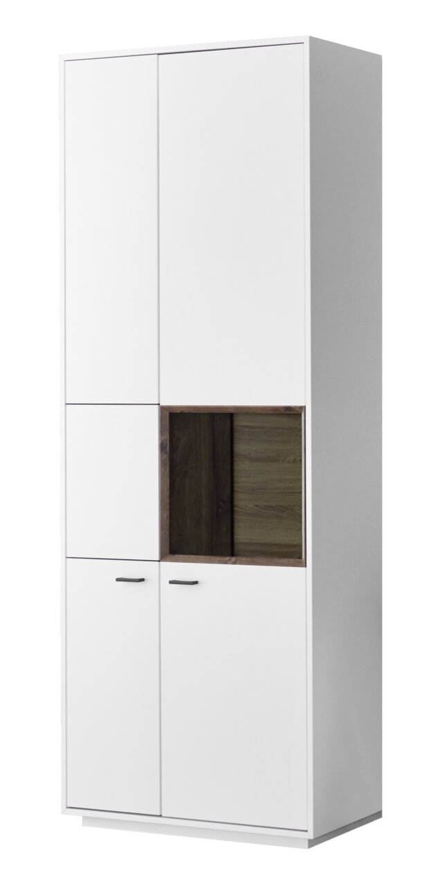 Weiße Kombi-Vitrine mit Holzelementen, frontal betrachtet
