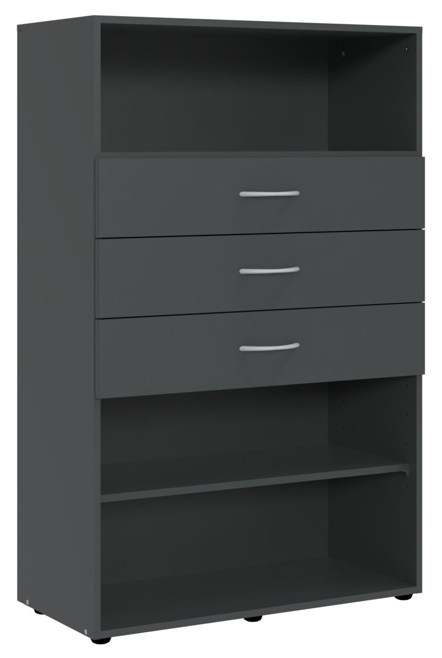XORA Regal mittel MULTIRAUMKONZEPT Schwarzes Regal mit drei Schubladen und zwei offenen Fächern, Frontalansicht