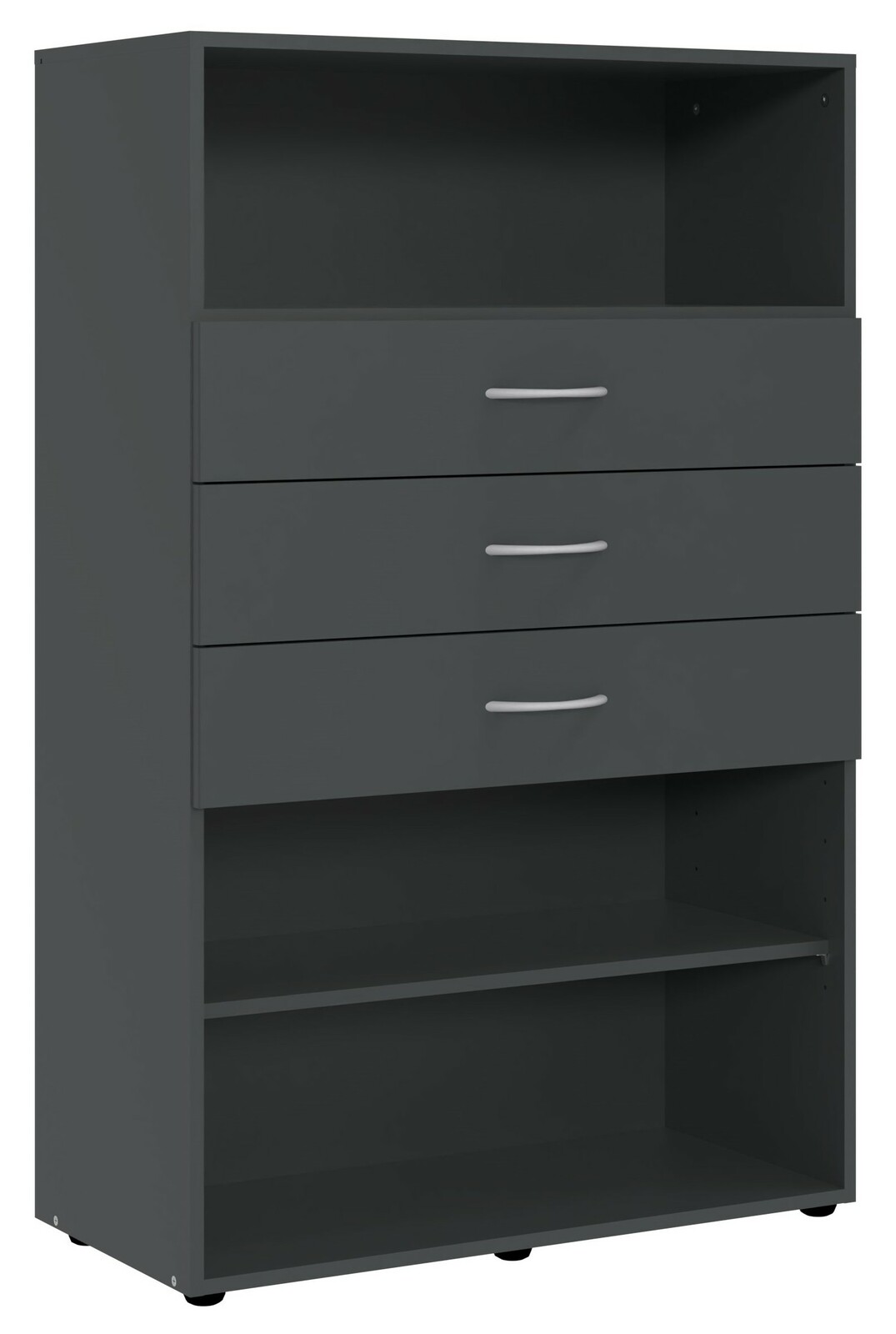 Schwarzes Regal mit drei Schubladen und zwei offenen Fächern, Frontalansicht