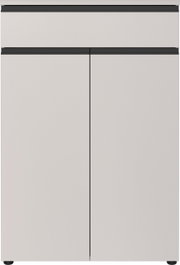 Moderner Aktenschrank in Weiß mit zwei Türen und einer Schublade, Frontalansicht