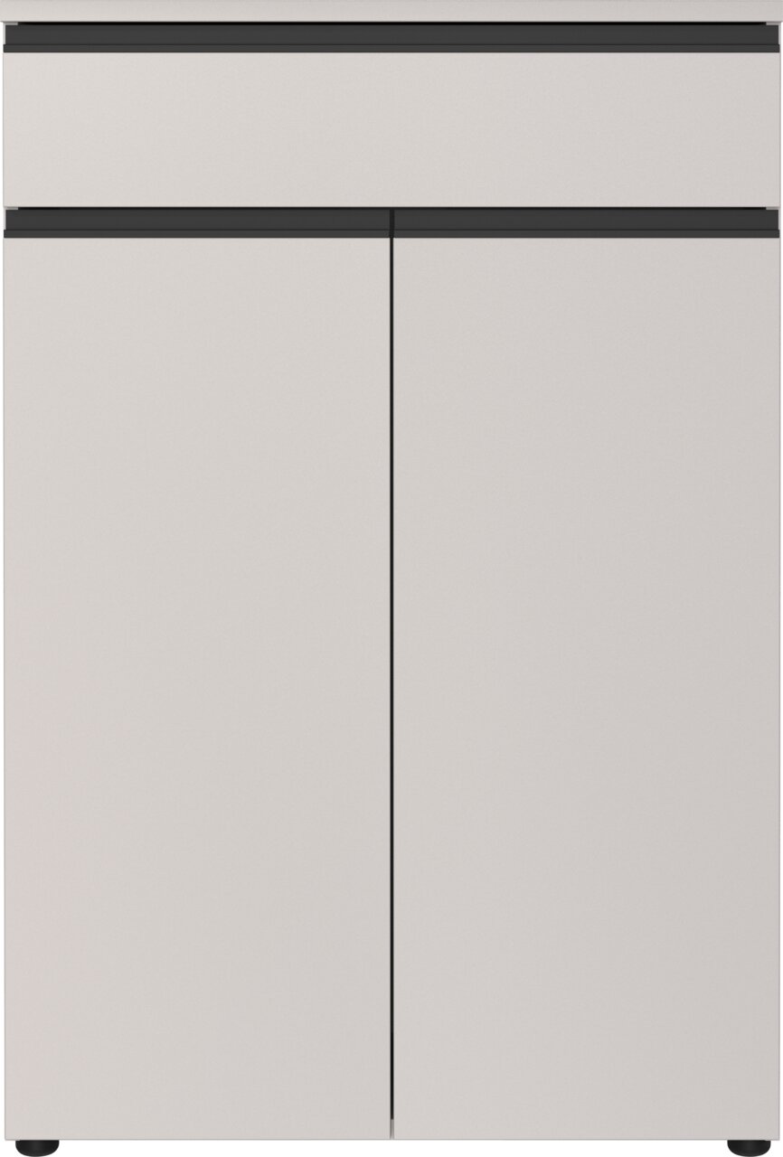 Moderner Aktenschrank in Weiß mit zwei Türen und einer Schublade, Frontalansicht