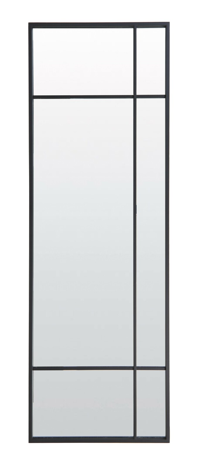 Rechteckiger Spiegel mit schwarzem Rahmen und Gitterdesign, frontal betrachtet.