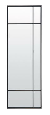 Rechteckiger Spiegel mit schwarzem Rahmen und Gitterdesign, frontal betrachtet.