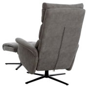Achterkant van een grijze relaxfauteuil met voetenbankje, op een zwart draaipoot.