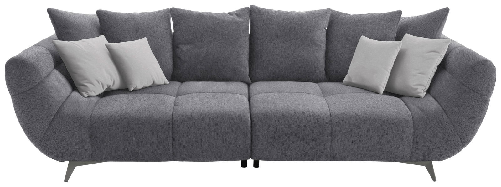 Graues Big-Sofa L mit mehreren Kissen, frontal betrachtet.