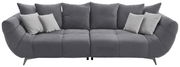 Graues Big-Sofa L mit mehreren Kissen, frontal betrachtet.