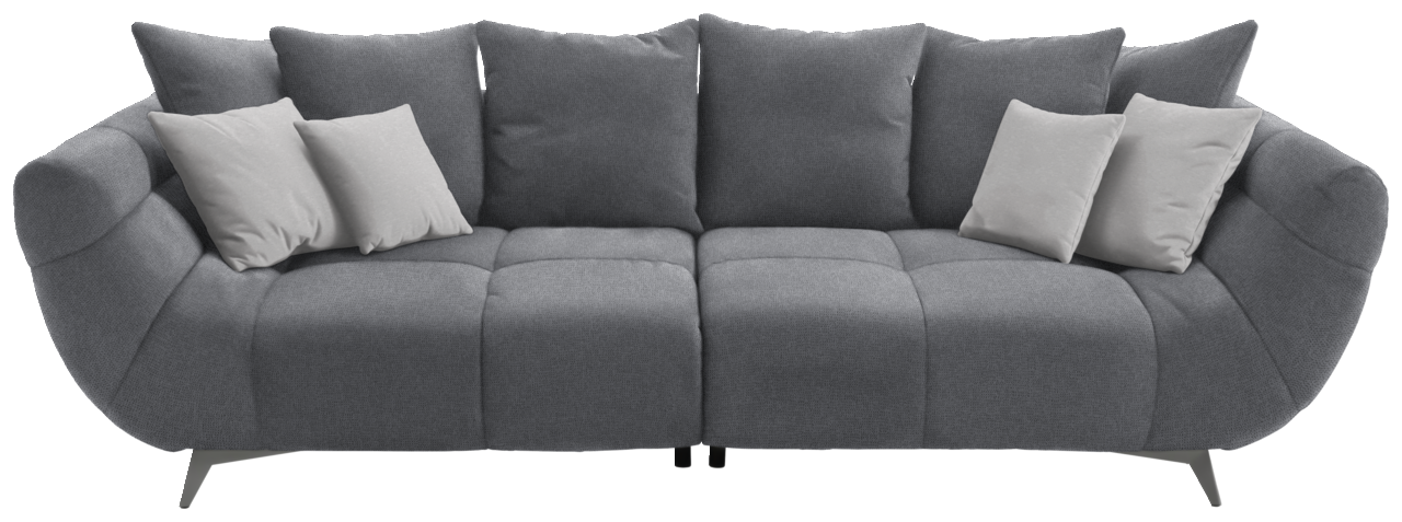 Hom´in Big Sofa FELLINI II. Graues Big-Sofa L mit mehreren Kissen, frontal betrachtet.