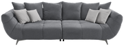 Graues Big-Sofa L mit mehreren Kissen, frontal betrachtet.