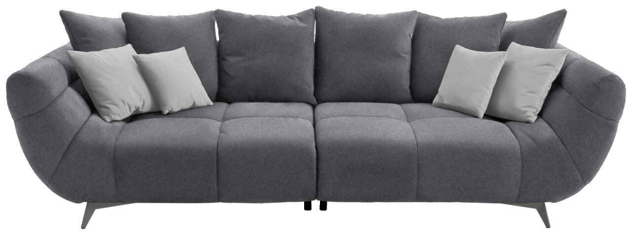 Graues Big-Sofa L mit mehreren Kissen, frontal betrachtet.