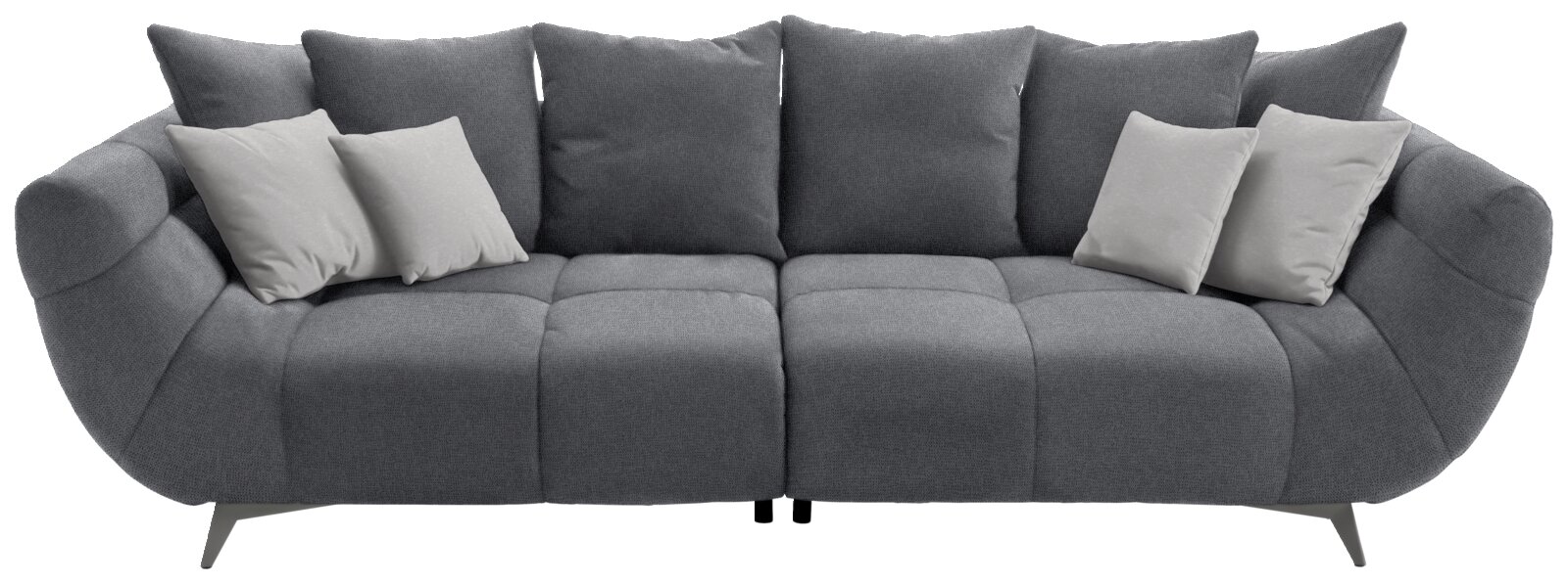 Graues Big-Sofa L mit mehreren Kissen, frontal betrachtet.