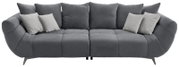 Grijze Big-Sofa L met meerdere kussens, gezien vanaf de voorkant.