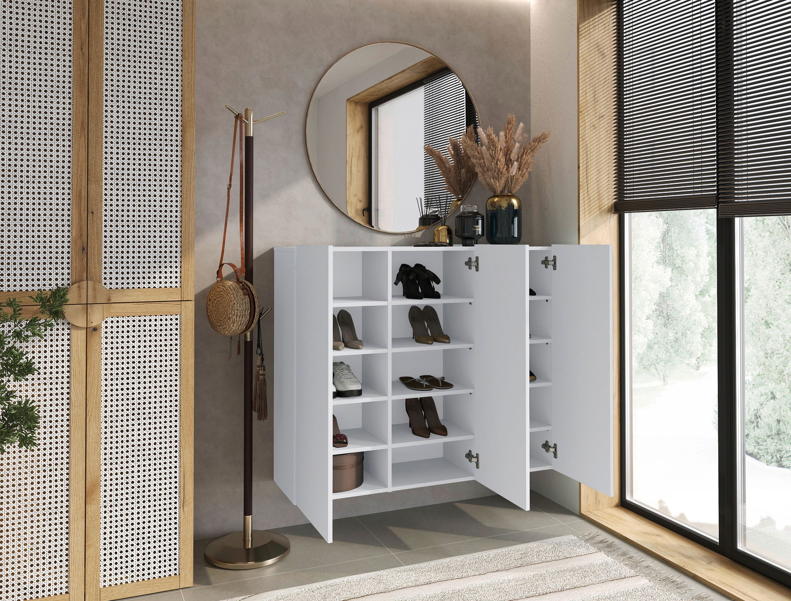 Moderner weißer Hängeschuhschrank mit offenen Türen, gefüllt mit Schuhen, in einem stilvoll eingerichteten Raum mit rundem Spiegel und Fenster im Hintergrund, seitliche Perspektive.