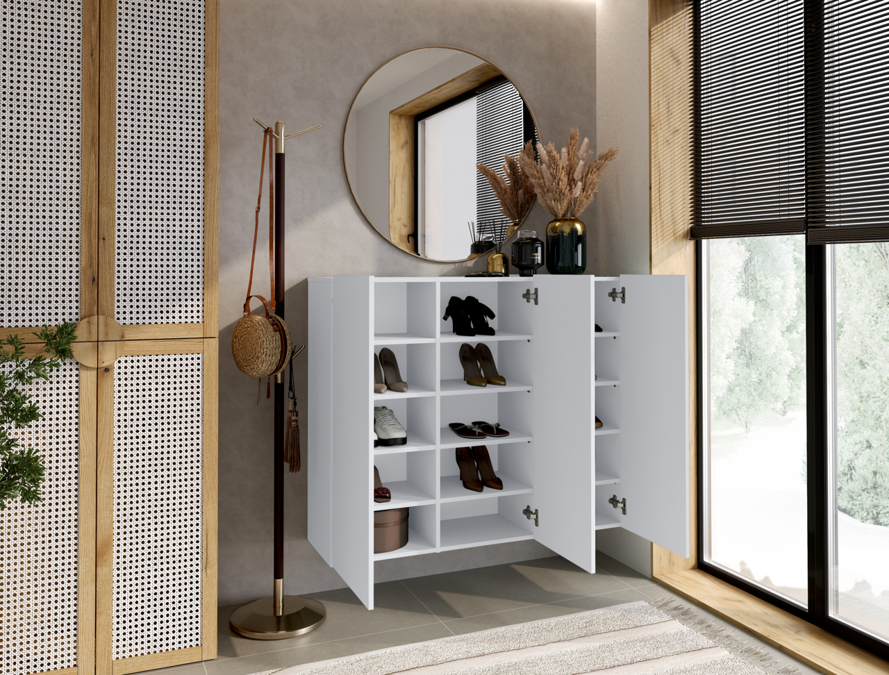 Moderner weißer Hängeschuhschrank mit offenen Türen, gefüllt mit Schuhen, in einem stilvoll eingerichteten Raum mit rundem Spiegel und Fenster im Hintergrund, seitliche Perspektive.