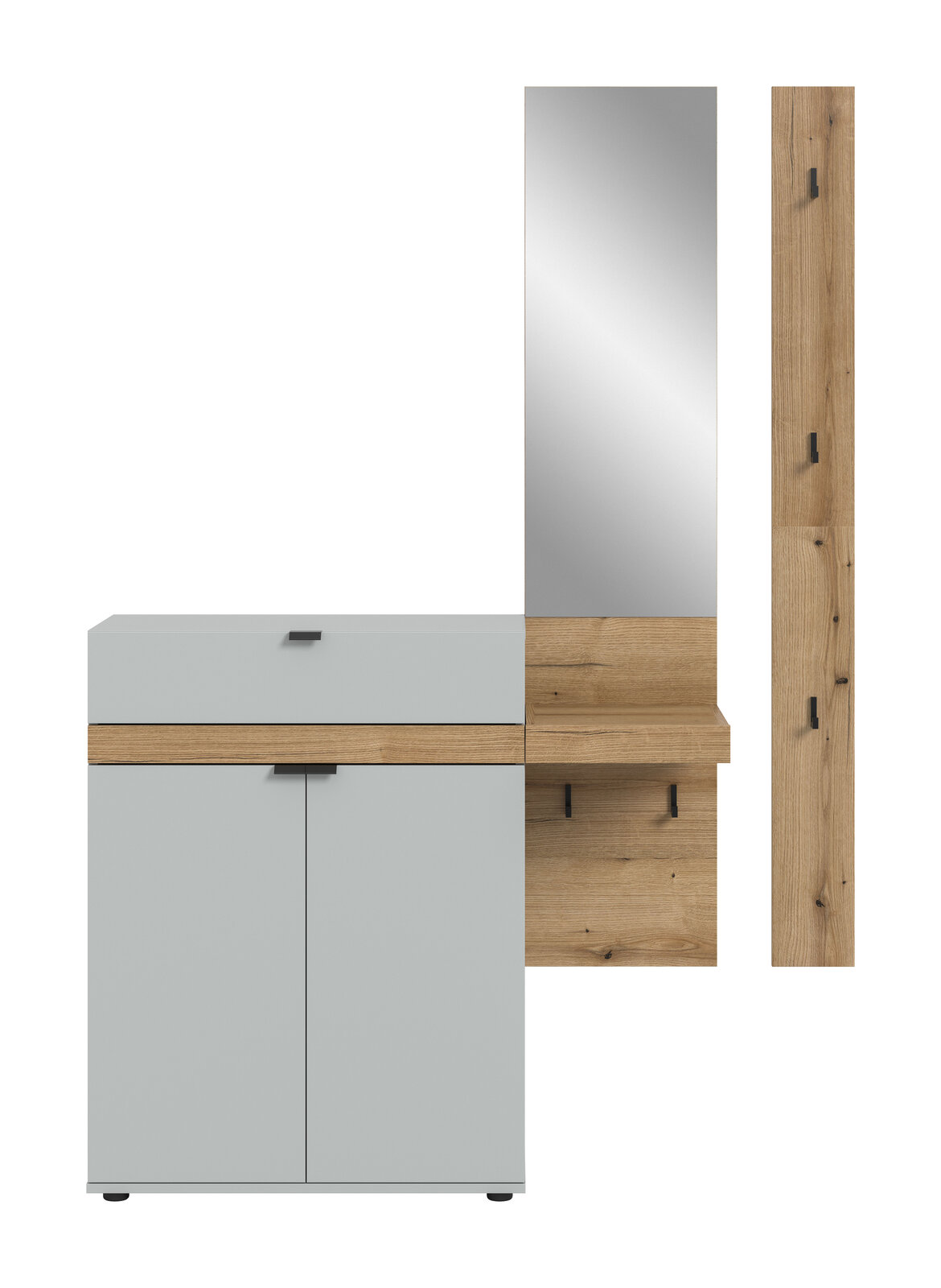 Modernes Garderoben-Set mit grauem Schuhschrank, Holzablage und hohem Spiegel sowie separatem Holzpaneel mit Haken, frontal in gerader Vorderansicht freigestellt auf weißem Hintergrund.