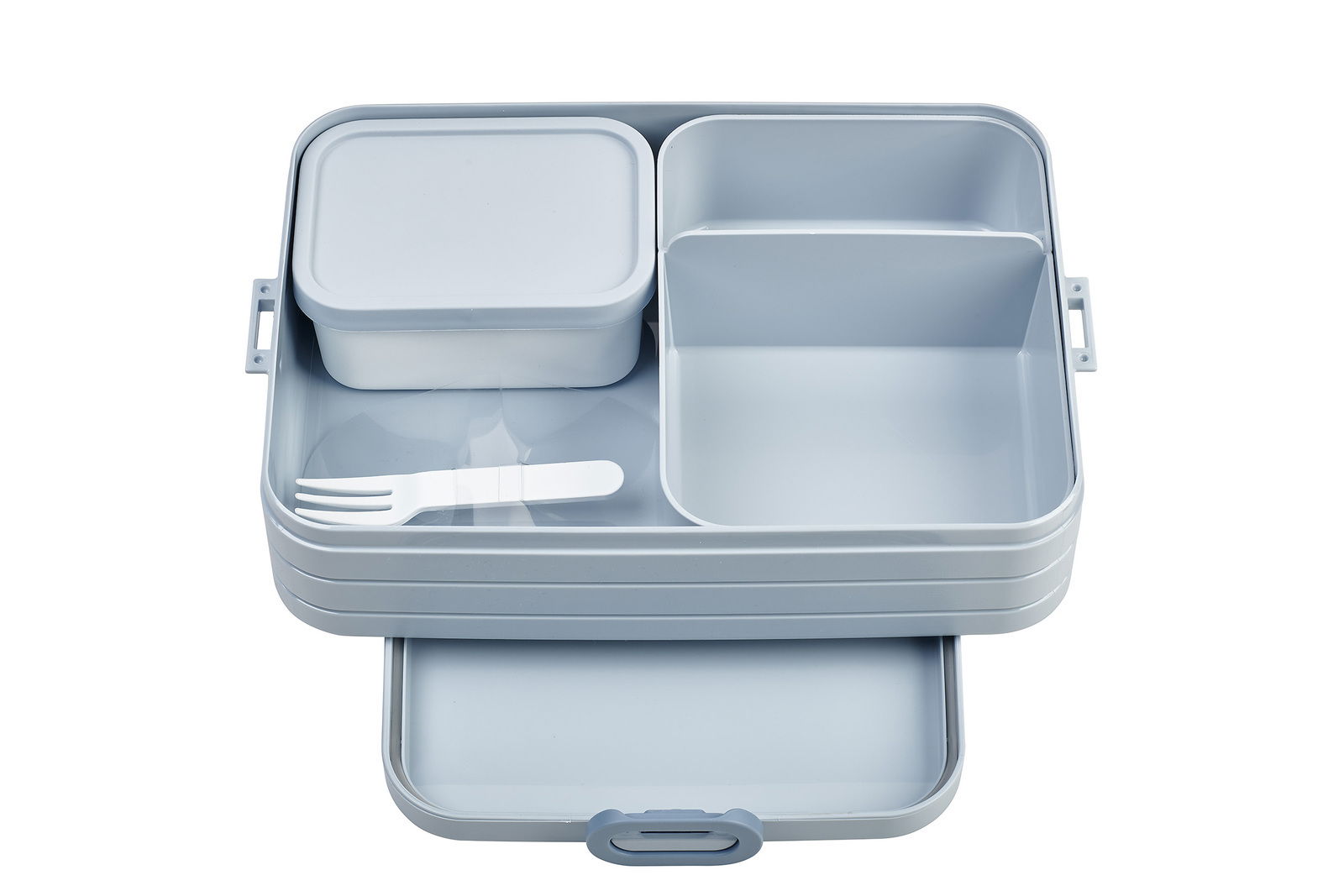 Graue Bento-Lunchbox mit mehreren Fächern und einem kleinen Behälter, von oben betrachtet.