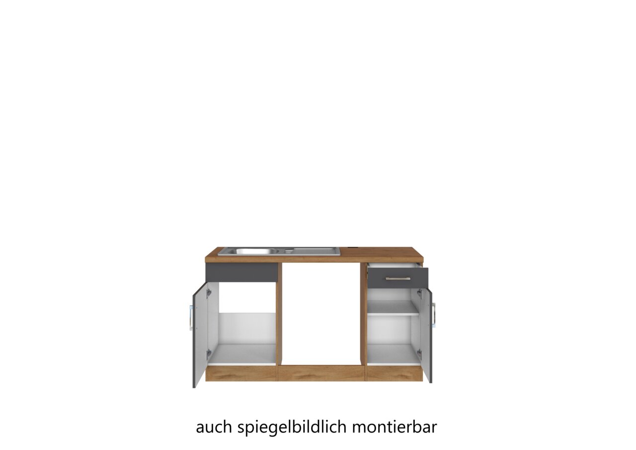 Frontansicht einer Eck-Küchenzeile mit Holzarbeitsplatte, Spüle und offenen Schranktüren, auch spiegelbildlich montierbar.