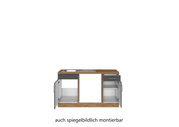 Vooraanzicht van een hoekkeukenblok met houten werkblad, spoelbak en open kastdeuren; kan ook in spiegelbeeld worden gemonteerd.