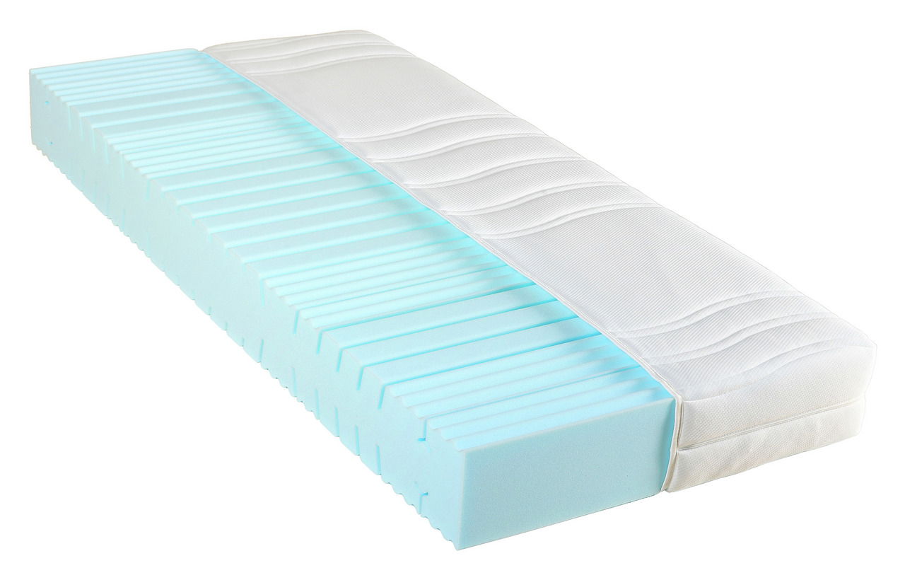 Komfortschaummatratze H3 mit wellenförmiger Oberfläche und blauer Schaumstoffstruktur, seitliche Perspektive