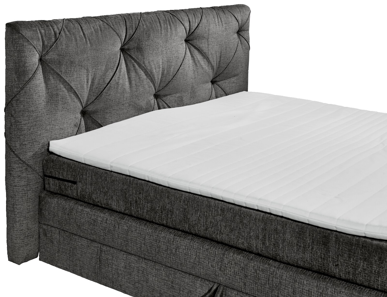 Graues Boxspringbett mit gestepptem Kopfteil, seitliche Perspektive