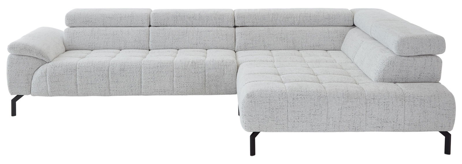 Eckgarnitur in hellem Stoffbezug, perspektivisch von vorne links fotografiert