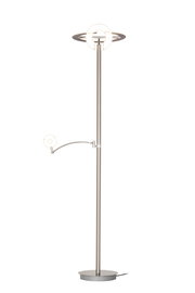 Moderner LED-Deckenfluter in silberner Farbe mit rundem Sockel und verstellbarem Lesearm, seitliche Perspektive.