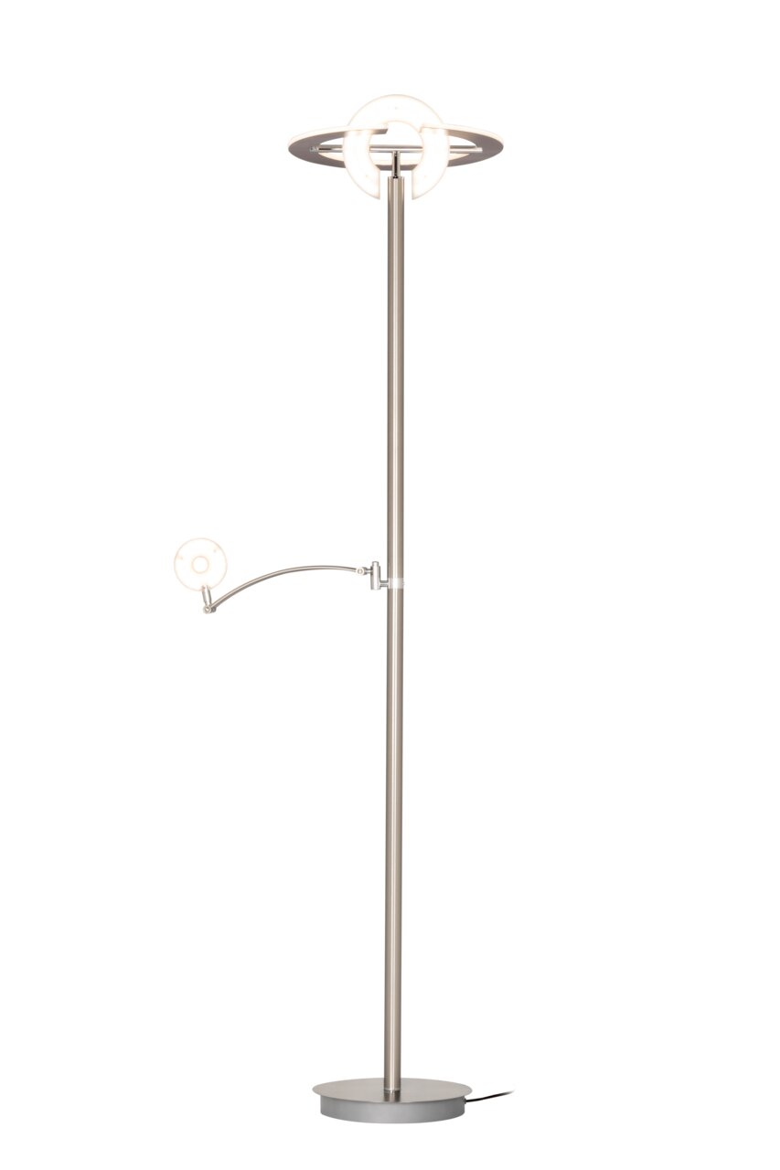 Moderner LED-Deckenfluter in silberner Farbe mit rundem Sockel und verstellbarem Lesearm, seitliche Perspektive.