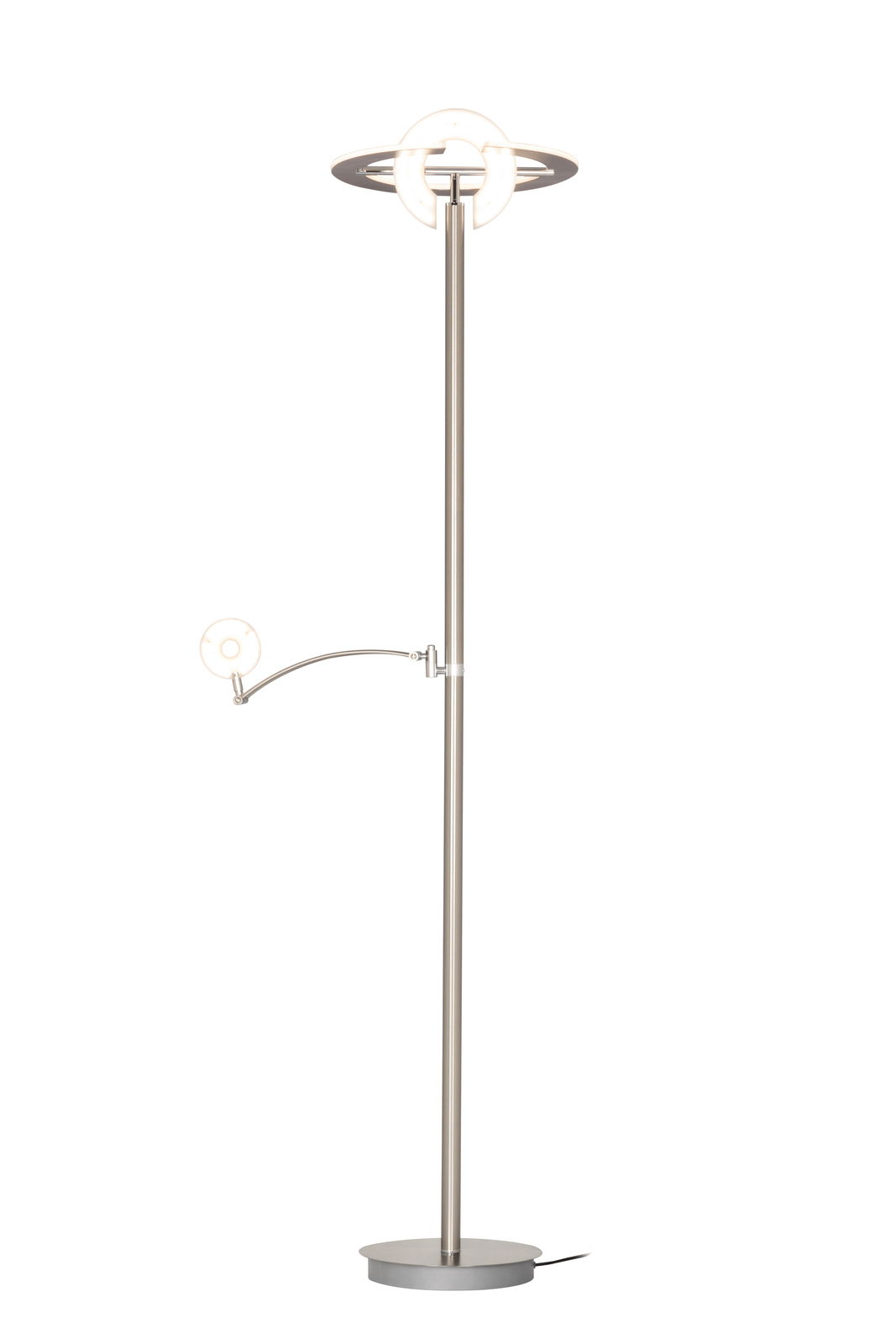 Moderner LED-Deckenfluter in silberner Farbe mit rundem Sockel und verstellbarem Lesearm, seitliche Perspektive.