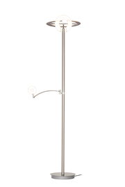 Moderner LED-Deckenfluter in silberner Farbe mit rundem Sockel und verstellbarem Lesearm, seitliche Perspektive.